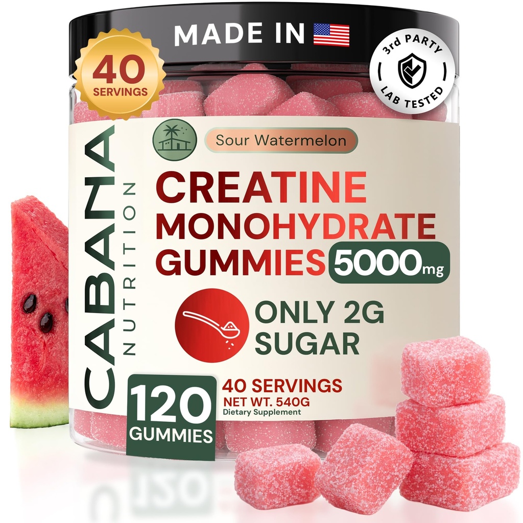 Creatine Monohydrate Gummies 5g - Sólo 2g Azúcar, Hecho en EE.UU. - Sour Watermelon Flavor - Vegan &amp; 3er Partido Tested - Pre &amp; Post Workout Suplemento para Mujeres y Hombres (120 Cuenta, 40 Servimientos)