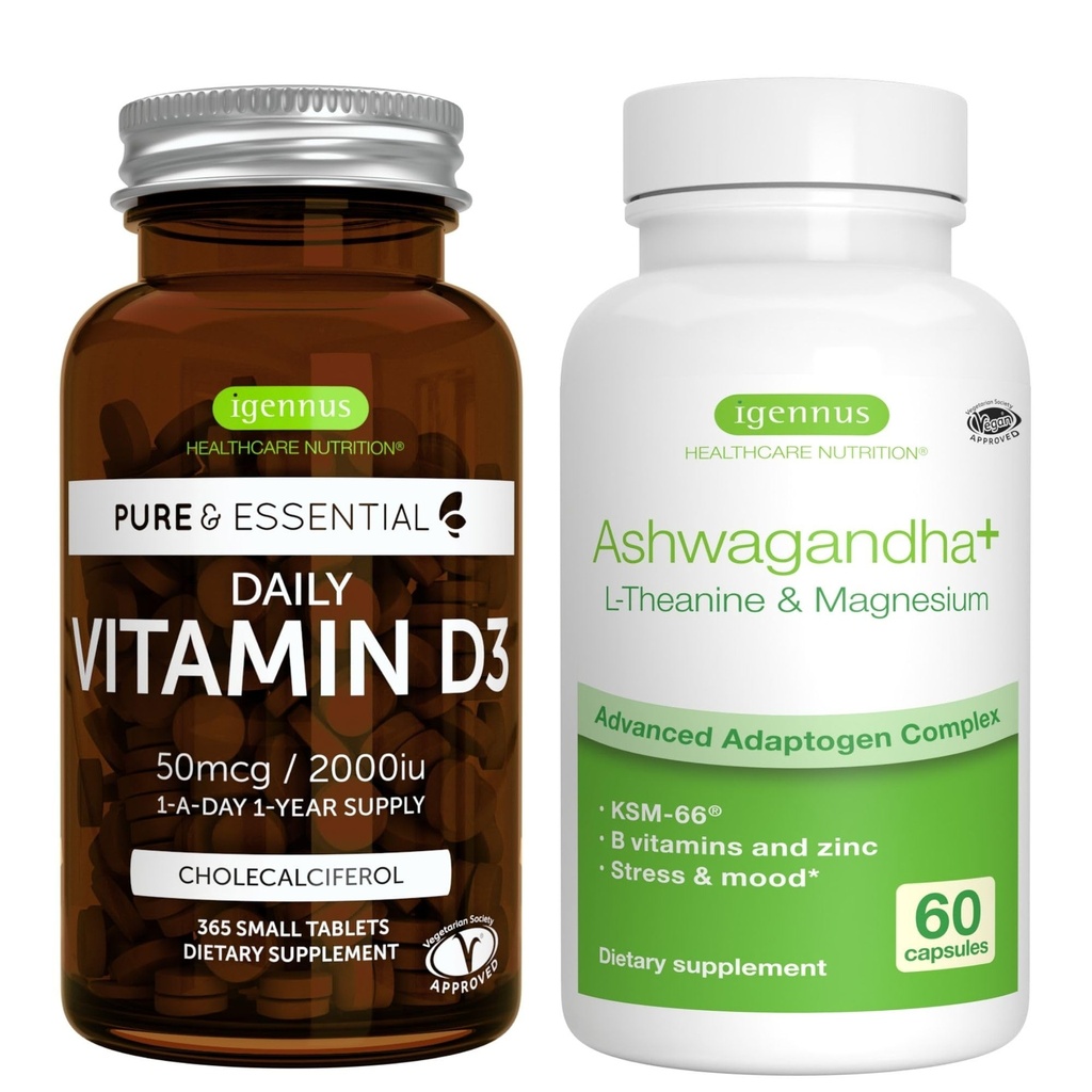 Daily Vitamin D3 + Ashwagandha+ L-Theanine & Magnesium Vegetarian Bundle, 365 2000iu Vitamin D3 Tablets + 600mg KSM-66 Ashwagandha with Zinc & B Vitamins, by Igennus
