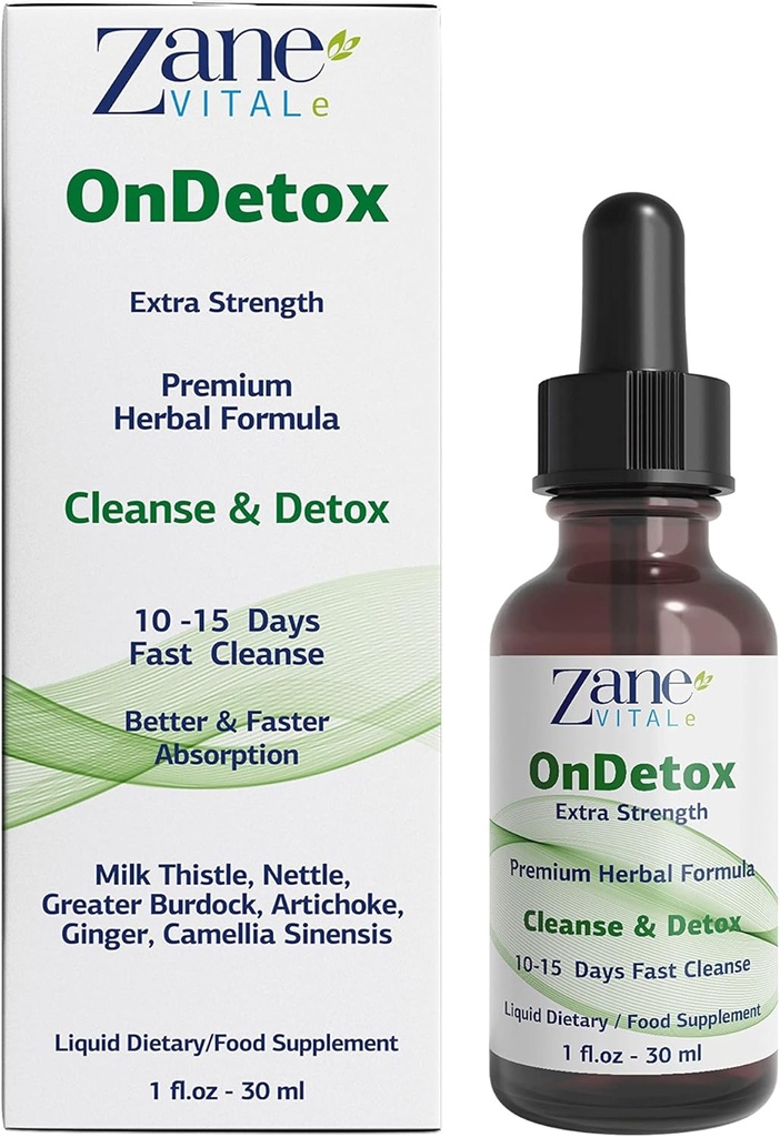 Zane OnDetox -10 – 15 Días Limpieza rápida y soporte ← Detox & Reparación Suplemento con Milk Thistle, Nettle, Greater Burdock, Artichoke & More ← Vegan ← No-GMO TEN Gluten-Free TEN 1 Fl Oz.- 30ml