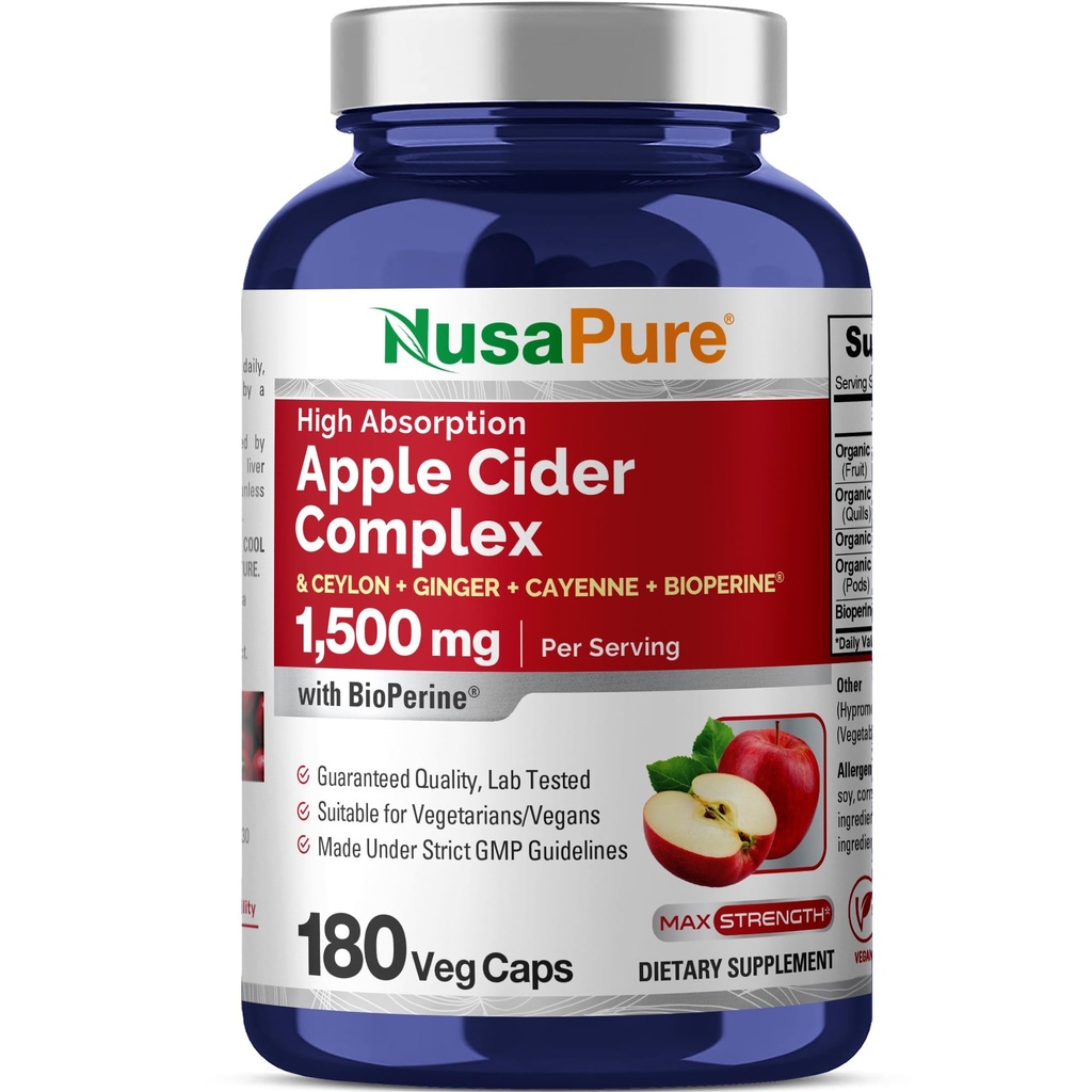 Complejo de vinagre de manzana NusaPure 1500 mg 180 tazas Adecuado para vegetarianos y veganos, no GMO