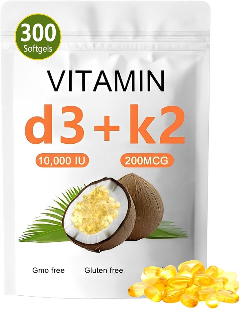 Vitamina D3 K2 10000 UI, 2-en-1 Vitamina D3 K2 Suplemento Softgel, 10000 UI VIT D3 + 200 MCG Vitamina K2, Replenish Vitamina D3 K2 Aceite de coco Softgeles, Vitamina D3 K2 Suplemento Softgel