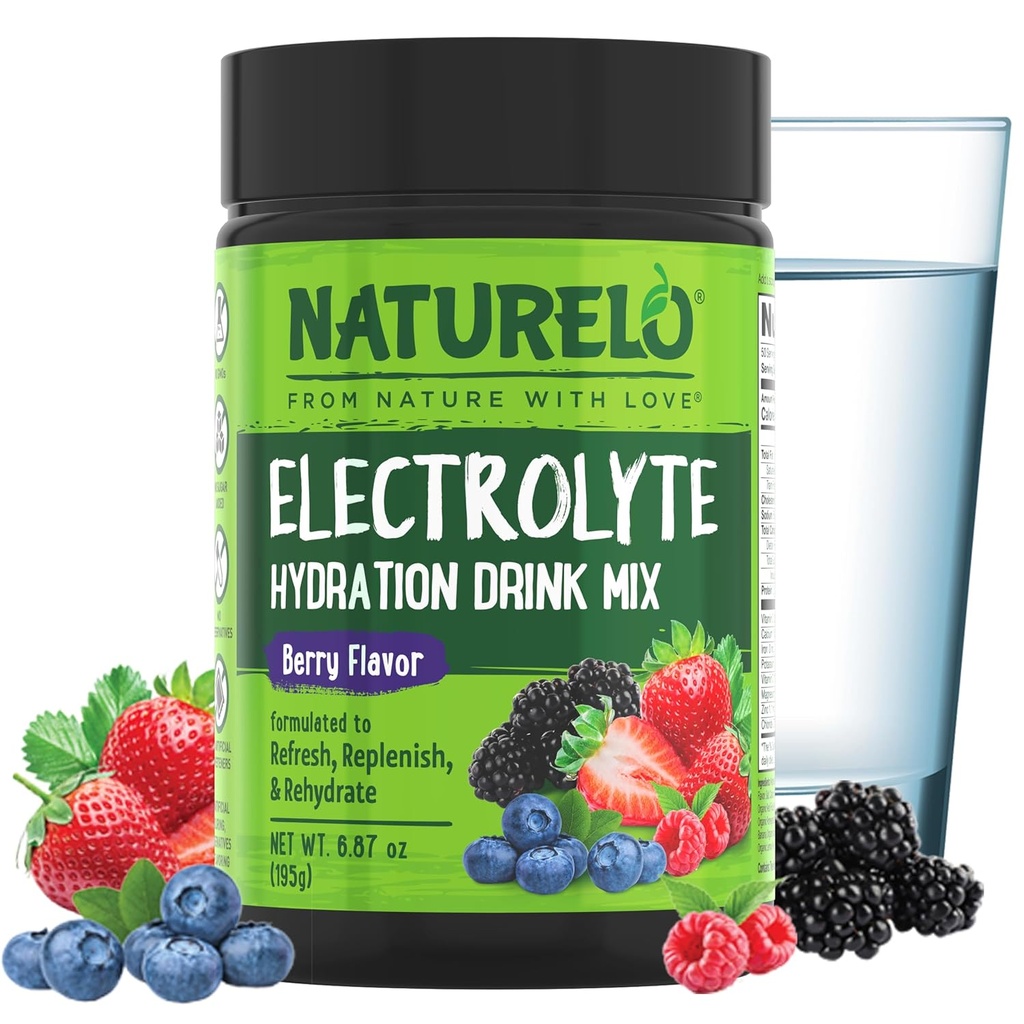 NATURELO Polvo de electrolito, mezcla de hidratación y bebida mineral, Azúcar libre " No GMO Berry Flavor 50 Servimientos