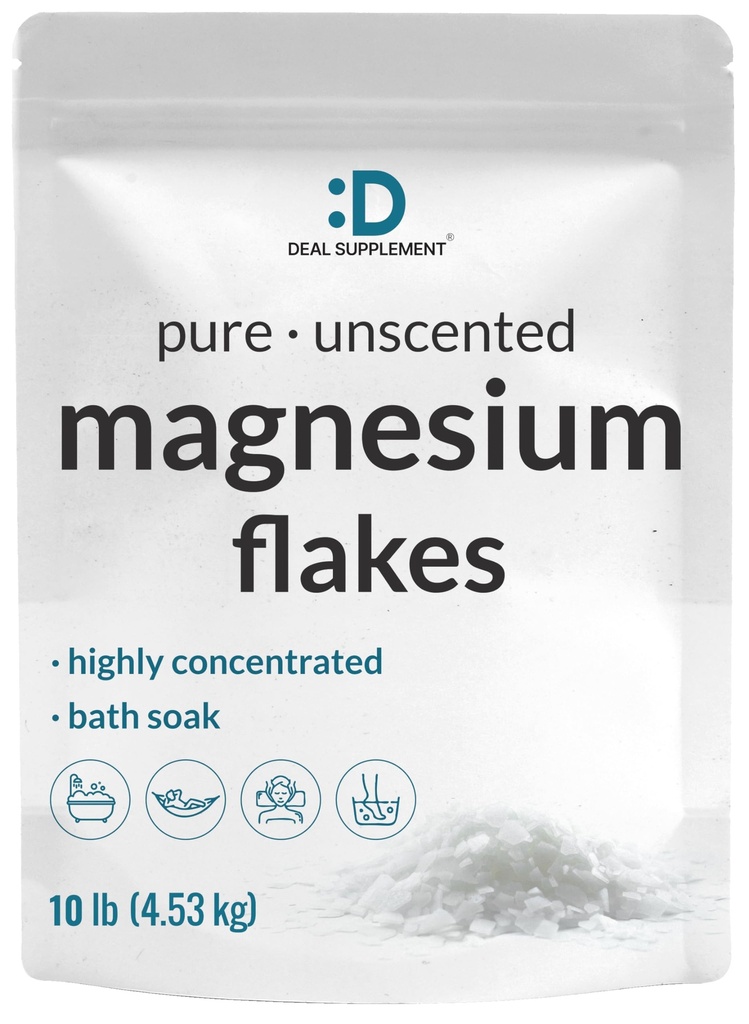 Pure Magnesium Flakes Bath Soaks, 10lbs - Natural Epsom Salt Substitute ¦ High-Absorption Magnesium Chloride Flakes ¦ Hydrates Skin &amp; Promotes Relaxation
