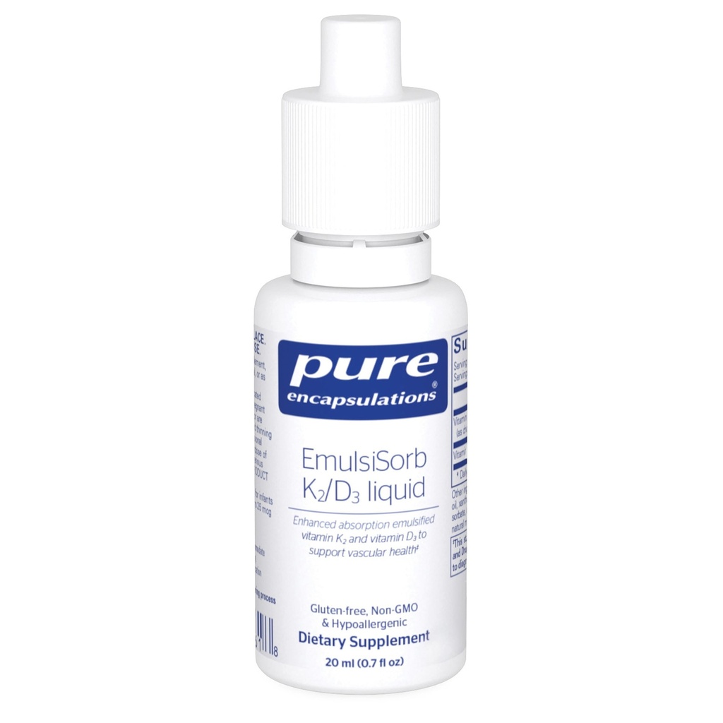 Encapsulaciones puras EmulsiSorb K2/D3 Líquido ← Absorción reforzada Emulsion Vitamina K2 y Vitamina D3 para el apoyo a la salud vascular 0,7 Fl Oz