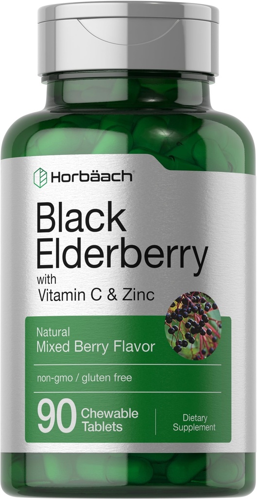 Horbaach Black Elderberry con Vitamina C y Zinc TENIDO 90 Tablets Chewable TEN Mixed Berry Flavor ← Immune Support Complex TEN Vegetarian, Non-GMO, and Gluten Free Supplement