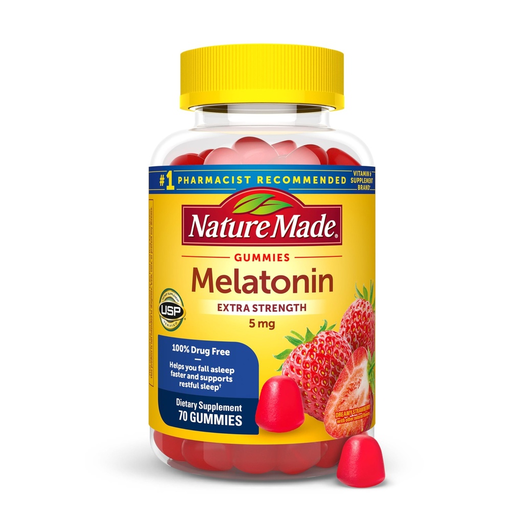 Nature Made Melatonin 5mg Adult Melatonin Gummies, 100% Drug Free Sleep Aid, 70 Gummies, Extra Strength Nature Made Melatonin