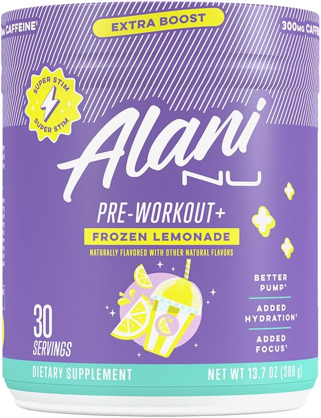 Alani Nu Pre Workout+ Powder Frozen Lemonade, Boost Extra, Sugar Gratis, 300 mg Caffeine, L-Theanine, Beta-Alanine, Citrulline, 30 Servings