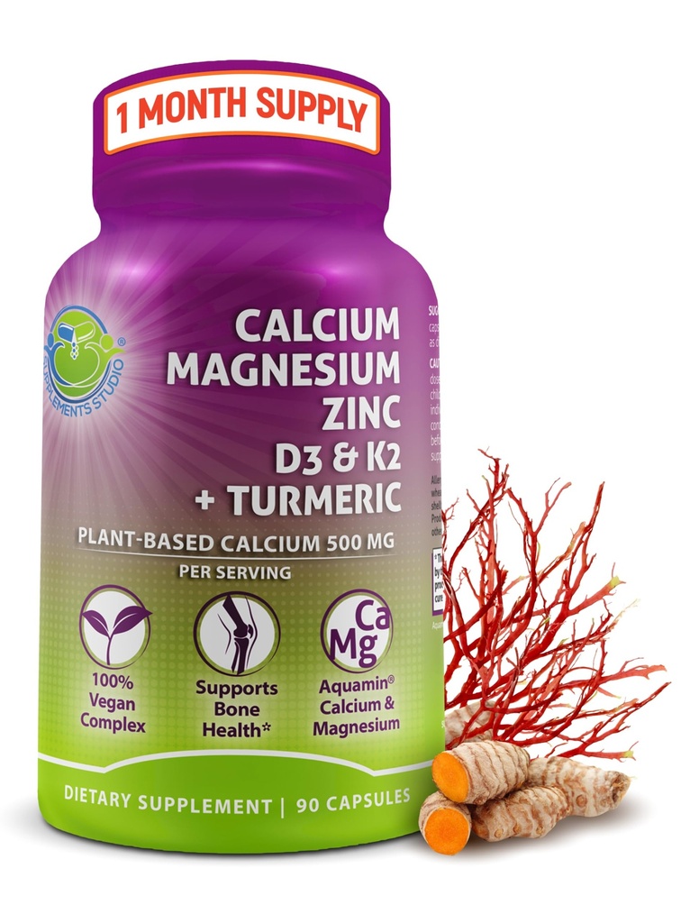 Calcio de base vegetal 500mg (Aquamin) – Magnesio de calcio vegano Zinc D3 con vitamina K2 " Turmérica orgánica: Bono mejorado y salud muscular " , Immune Support for Women " Men - 90 Conde
