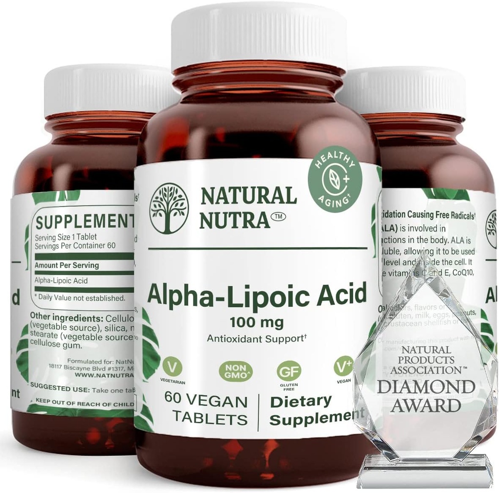 Natural Nutra R-Alpha Lipoic Acid, Mejorar la salud del hueso y del corazón, Mejorar la función de memoria, Mejorar la función del nervio Contribuye a la salud general, Gluten Free 100 mg, 60 comprimidos veganos y vegetarianos.