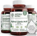 Natural Nutra R-Alpha Lipoic Acid, Mejorar la salud del hueso y del corazón, Mejorar la función de memoria, Mejorar la función del nervio Contribuye a la salud general, Gluten Free 100 mg, 60 comprimidos veganos y vegetarianos.