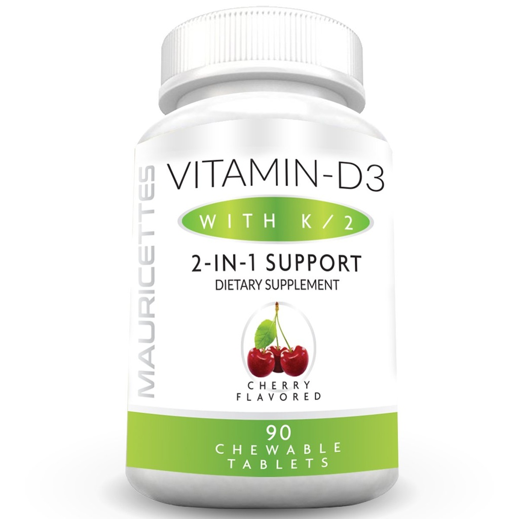 Mauricettes Chewable Vitamin D3 con K2 – 2-en-1 Bonos & Heart Health Support – Immune Booster – Natural Cherry Flavor – 90 Tabletas para Adultos &amp; Niños
