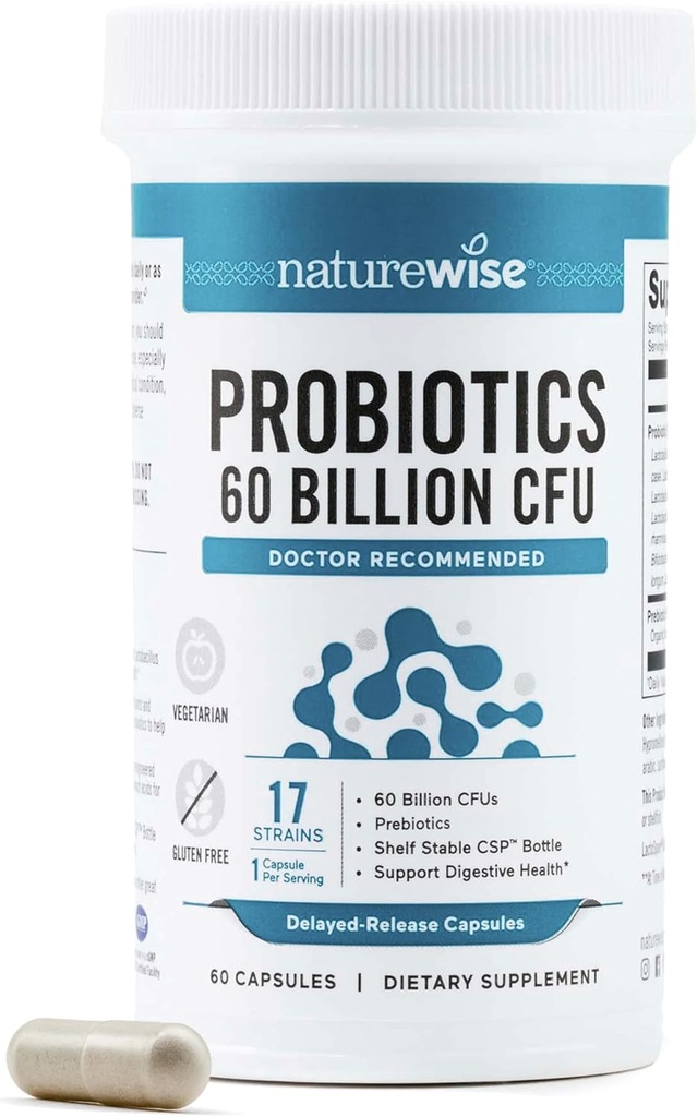 NatureWise Probiotics 60 Billion CFU - 17 Strains + Prebióticos Orgánicos - Immune, Digestivo " Gut Health Support for Women " Hombre - Vegetariano, Gluten-Free, Non-GMO - 60 cápsulas[2-Month Supply]