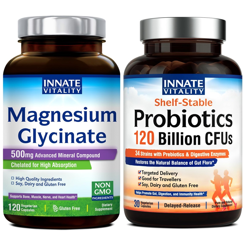 Innato Vitality Magnesium Glycinate &amp; Probiotics 120 Billion Bundle, Non-GMO, No Gluten Dairy Soy & Vegan, Magnesium (120 Caps) & Probiotic (30 Caps)