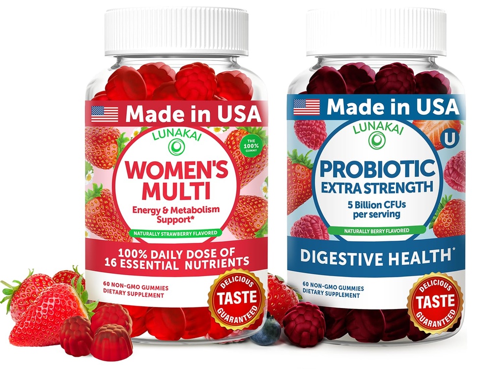 Lunakai USA Made Womens Multivitamin &amp; Probiotic Gummies Bundle – 16 Multi Vitaminas &amp; Probiótico para el soporte de la digestión – 60ct Cada