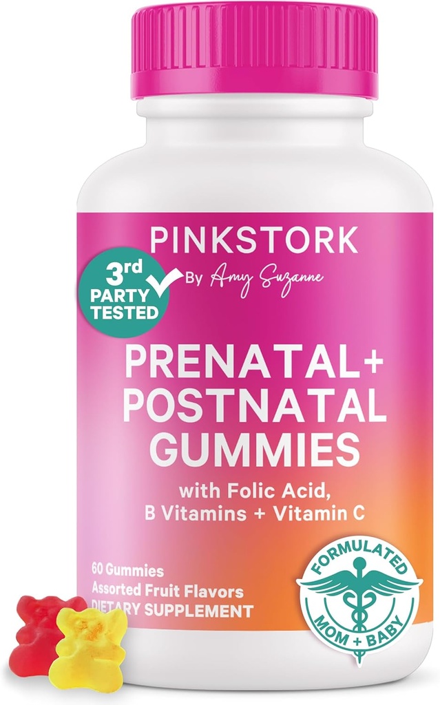 [BRSRAAQRCQMWC3LO] Pink Stork Fertilidad + Prenatal + Postnatal Gummy Vitaminas – Full Motherhood Journey Support – Multivitamin with Folate, B Vitamins, Zinc & Biotin – 60 surtidos de frutas