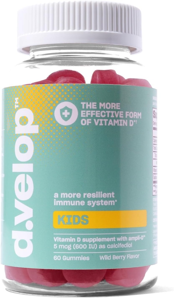 d.velop Vitamina D Kids Gummies –60 Cuenta, 600 UI – Apoyo a los Inmunes para Niños - 3X Más rápido & más eficaz – No sabores artificiales o dulces – sin lácteos – sabor a bayas silvestres - Vitamina D para niños para edades 4+