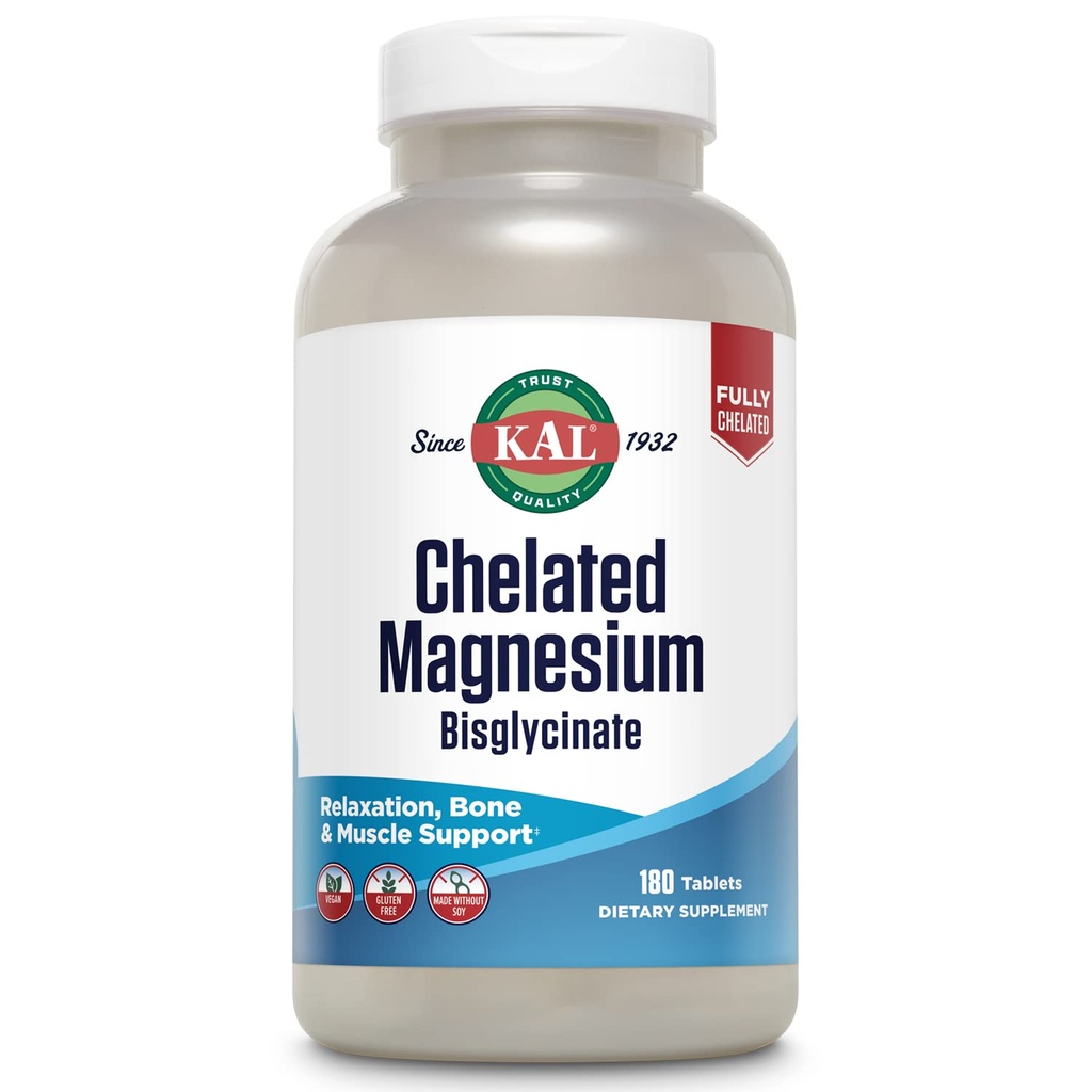 KAL Chelated Magnesium Bisglycinate, Magnesium Supplement for Relaxation, Bone Health, Nerve &amp; Muscle Function Support*, High Absorption, Gentle Digestion, Vegan, Gluten Free, 60 Servings, 180 Tablets