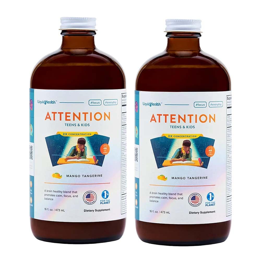 Atención LIQUIDHEALTH, Multivitamínico líquido para niños &amp; adolescentes - mejora la retención de memoria, concentración, enfoque, humor, relajación y calma - hecho en los EE.UU., gran sabor, Vegan, libre de azúcar (2 Pack)