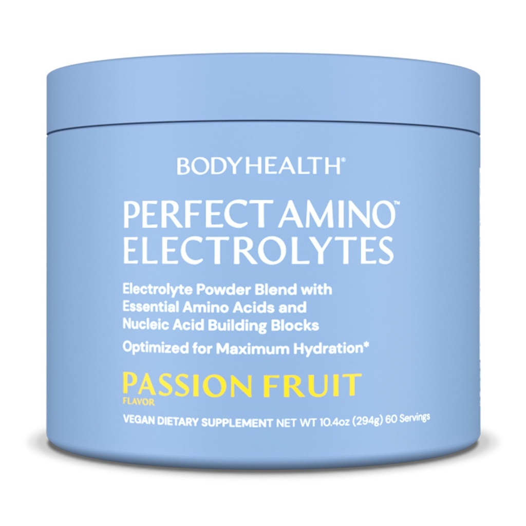 BodyHealth PerfectAmino Electrolytes Polvo No Azúcar, Hidratación Ayuno Keto Zero Azúcar Electrolitos Beber mezcla con minerales Traza - Fruta Pasión - 60 Servimientos
