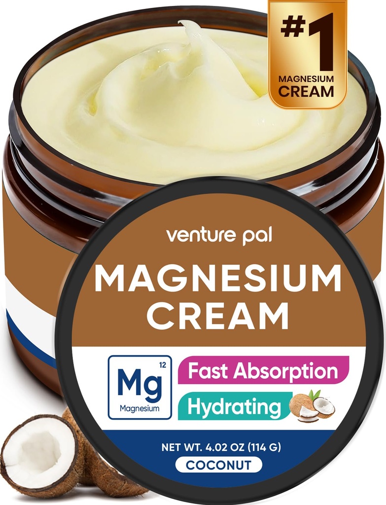 Venture Pal Magnesium Lotion, Topical Magnesium Cream for Sleep, Leg Cramps & Pain, Muscle Relax, Calma, Moisturizing Supplement with Coconut Oil, Shea Butter & Hyaluronic Acid, Safe for Kids