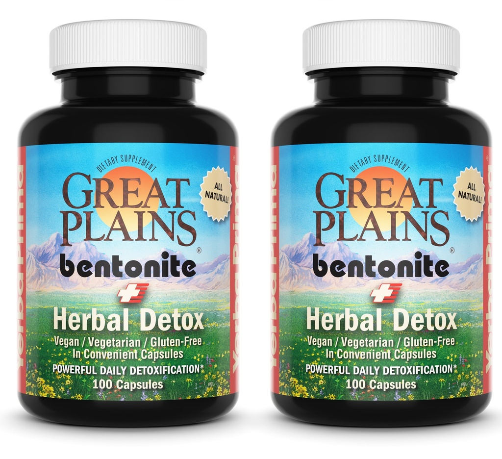 Yerba Prima Great Plains Bentonite Clay Caps Plus Herbal Detox (Pack of 2) - Grado de alimentos - Liver &amp; Colon Cleanse Supplement Capsules