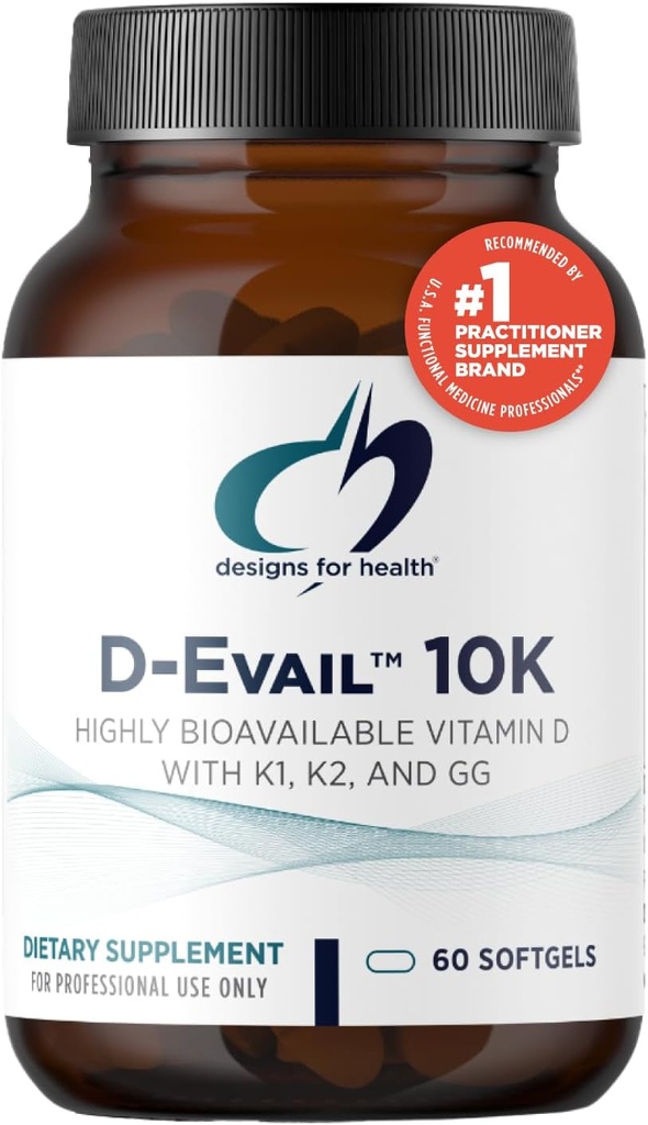 Diseños para la salud D-Evail 10K - 10.000 UI Vitamina D Suplemento con Vitamina K (K1, K2 como MK-4) + GG - Hueso, Cardiovascular + Immune Support - Mejor biodisponibilidad Vitamina D3 (60 Softgels)