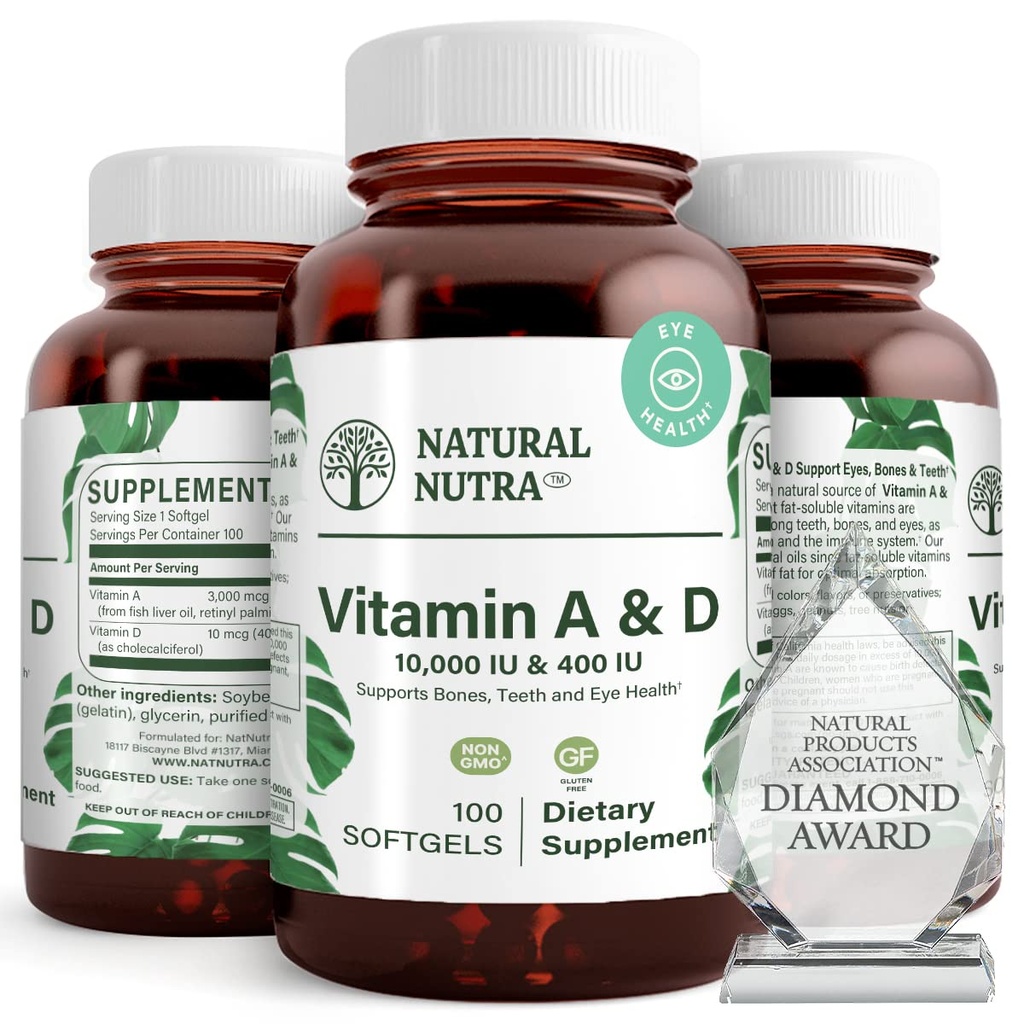 Natural Nutra Vitamina A y D, apoya la salud ósea y mejora la salud ocular, promueve fuertes dientes, mejora la vitalidad, proveniente del aceite de hígado de bacalao, apoya la salud general, 10000IU/400IU, 100 Softgels