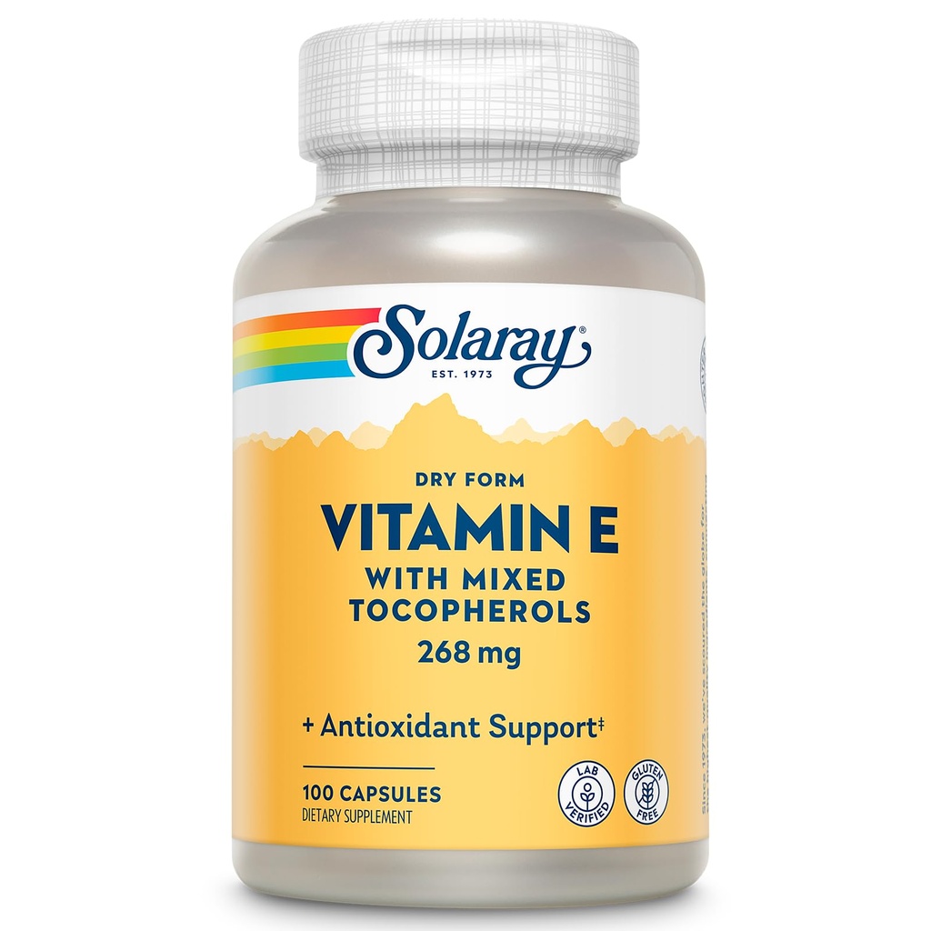 SOLARAY Vitamina E 400 UI (268mg), Forma seca - Fuente natural, Tocoferollas mixtas Vitamina E - Suplemento antioxidante, PMS y soporte de menopausia - Garantía de 60 días, Lab Verified - 100 Serv, 100 cápsulas