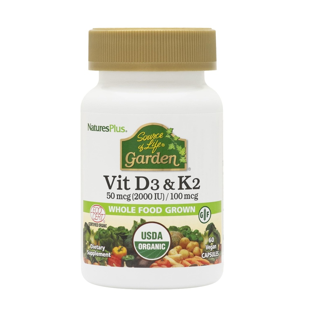 Natures Plus Fuente de Life Garden Vitamin D3 &amp; K2-60 Vegan Capsules - Promueve soporte de bonificación, función inmunitaria, salud cardiovascular &amp; equilibrio de humor - Vegan, Gluten Gratis - 60 Servings