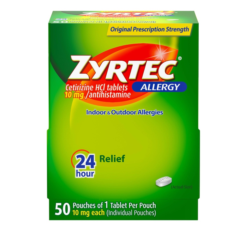 Zyrtec 24 horas de Alivio de Alergia Tabletas, Medicina de Indoor y Alergia al aire libre con 10 mg Cetirizina HCl por Tableta Antihistamina, 1 Tablet Por Pack, 50 ct Dispensit Pack