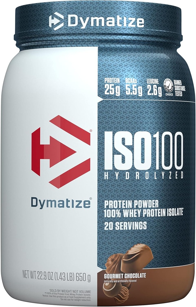 Dymatize ISO100 Whey Protein Powder Isolate, Gourmet Chocolate, 25g de Protein, 20 Servings, 5.5g BCAAs, Menos Than 120 Cal., Gluten Free, 1g Fat, 1g Sugar, 2g Carb