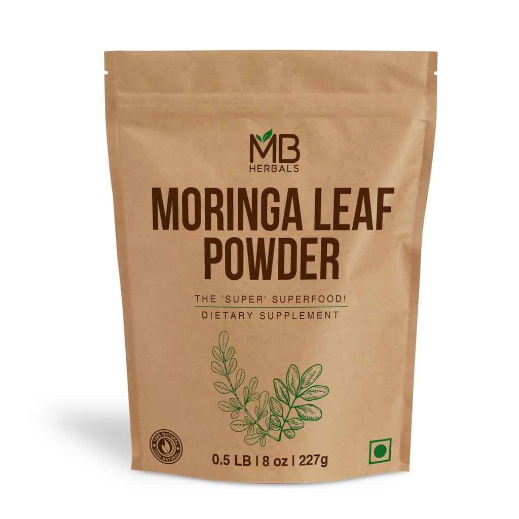 MB Herbals Moringa Leaf Powder 8 oz (227g / 0.5 LB) TENIDO 100% Pura Moringa Powder TENIDO Mezclas fácilmente en Bebidas &amp; Smoothies TENIDO Sin Preservadores