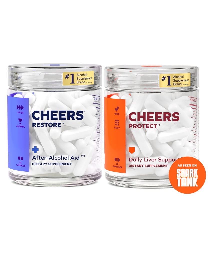 Cheers Liver Combo Silencioso Restaurar + Proteger Silencioso Su hígado &amp; Siéntete Mejor Después de Beber DHM, L-Cysteine, Milk Thistle, Prickly Pear, B-Vitamins  12 Doses Restaurar, 30 Doses Proteger Silenciosos Suplementos