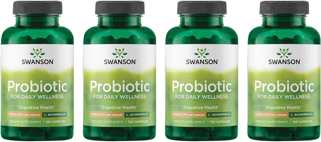Swanson Probiótico - Suplemento de Salud Digestivo w / 1 billón CFU por cápsula - Fórmula Natural Apoyo a la Regularidad del Tazón & Bienestar diario - (120 cápsulas) (4 paquete)
