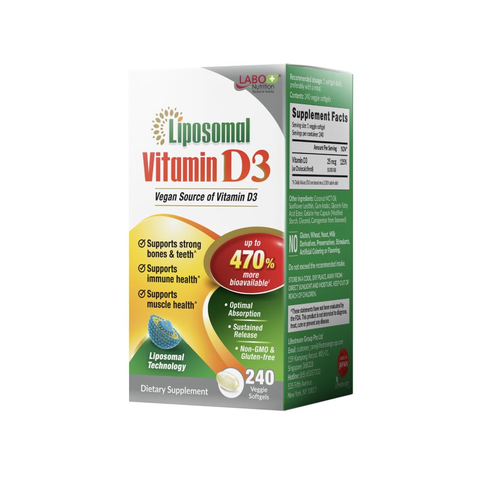 LABO Nutrition Liposomal Vitamina D3, High Potency Vegan-Sourced for Optimal Absorption, Sustained Release, 470% Bioavailable, Boost Immunity, Bone & Brain Health, 240 Days Supply, Non-GMO, Gluten Free