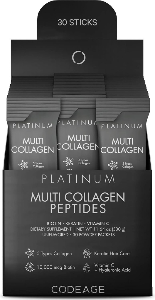 Codigo Multi Collagen y Biotina 10.000 mcg + Vitamina C, B6 & D3, Keratina, Ácido Hialurónico, Niacina, 18 Aminoácidos - Stick Packs Suplemento - 5 tipos Collagen Proteína – 30 paquetes de polvo