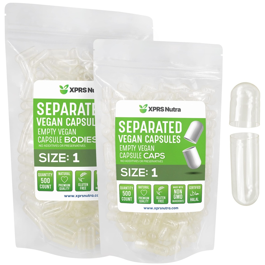 XPRS Nutra Vegan Tamaño 1 Cápsulas separadas - 500 Cápsulas de vacío Premium Separadas en bolsas - Píldoras claras 1 Vacío para relleno de suplementos de bricolaje