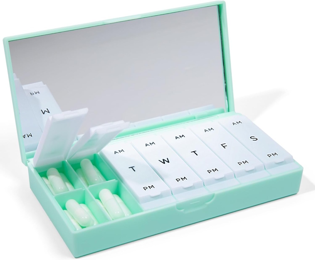PORT X POLISH Designer Weekly Pill Box Organizer (AM/PM 2X Daily, Mint) Silencio Compacto, Estilizado 7-Day Vitamin Supplement Case ← Cute Portable Mini Travel Medicine Carrier  BPA-Free Pillbox Caddy