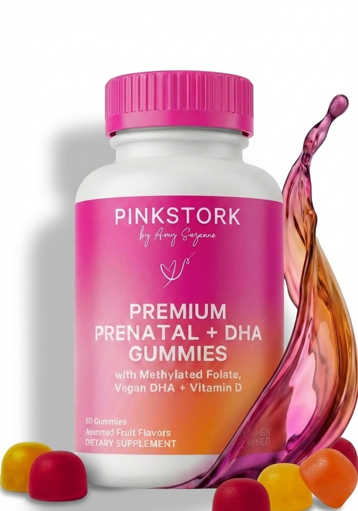 Pink Stork Premium Vitaminas Prenatales con DHA, Folate y Vitamina D - Multivitamina y Nutriente Blend para el Tubo Neural y el Desarrollo del Cerebro Fetal - El embarazo debe tener - 60 Gummies Vegan