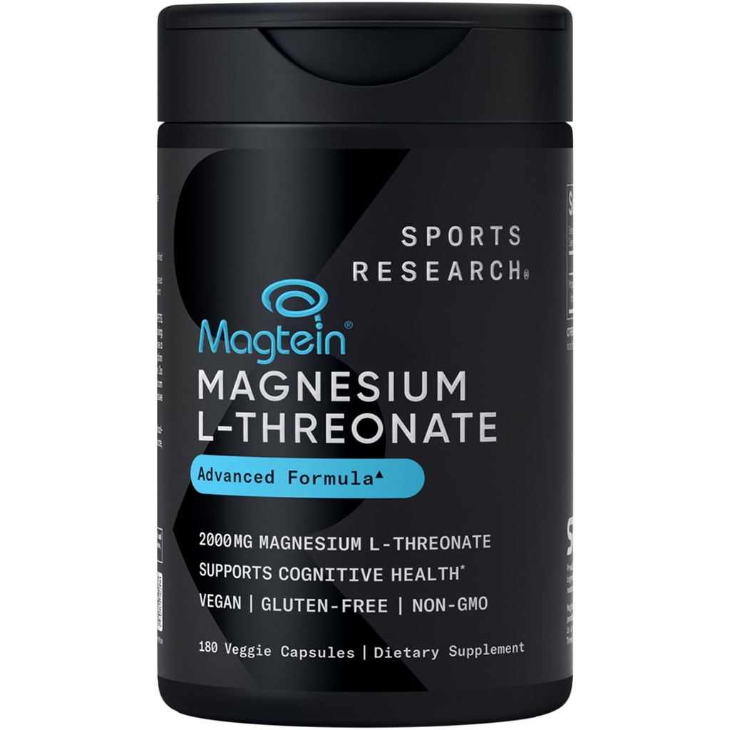 Estudios Deportivos Magtein Magnesium L-Threonate Capsules - Magnesium Supplement for Memory, Focus " Cognition - Magnesium L Threonate Supports Brain Health, Sleep " Mood- 2000mg, 180 cápsulas para adultos