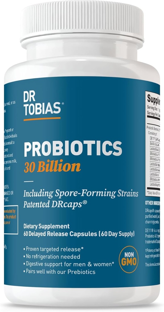 Dr. Tobias Probióticos 30 Billones, 10 Strains, 30 Billion CFU's, Probióticos de liberación dirigida para hombres de mujeres, apoya la salud digestiva, estante estable, no GMO, 60 cápsulas, 60 servicios