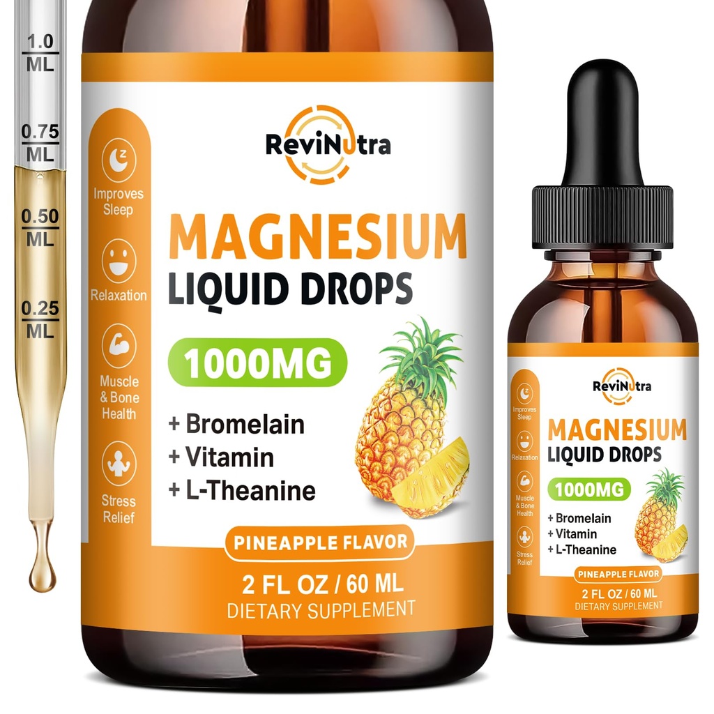 gotas líquidas de magnesio Glycinate, 1000 mg de suplemento líquido de magnesio para el sueño, Nerve, energía, músculo, hueso, calma " , alta absorción, 2 Fl Oz, sabor de piña libre de azúcar