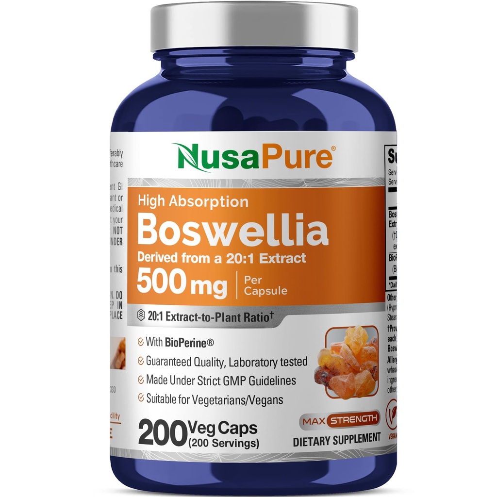 NusaPure Boswellia Serrata 10,000 mg Por Veggie Caps 200 Conde (Ext. 20:1, No GMO, Vegan, Bioperina) Herb ayurvédica: Olibanum indio, Frankincense