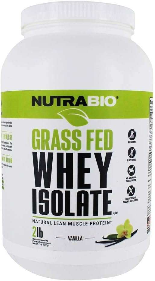 NutraBio Grass Fed Whey Isolate Protein Powder - 25G de Protein Por Scoop - Suplemento de proteína del musculo natural libre de azúcar - Vainilla - 2 libras, 29 piezas