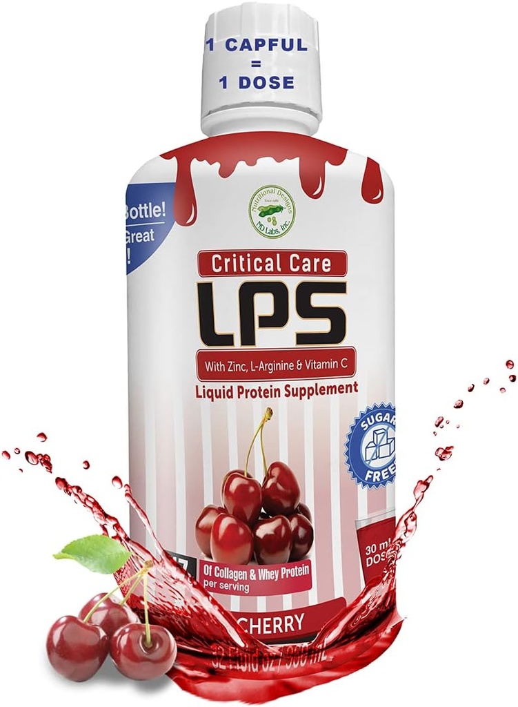 Diseños Nutricionales LPS Liquio Collagen &amp; Whey Protein Suplemento - Bebida no GMO, Libre de azúcar - promueve la piel sana y el cabello para mujeres, cereza (Cuidado crítico)