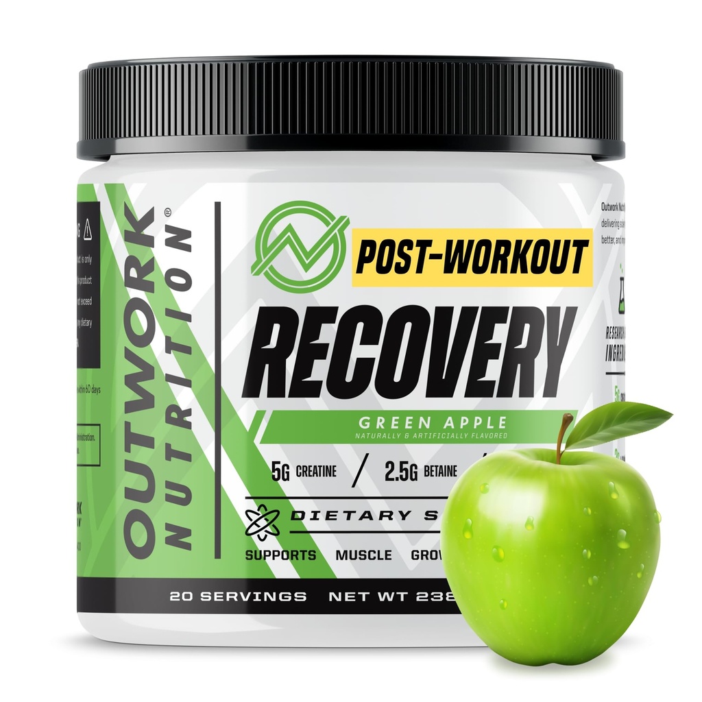 Outwork Nutrition Post Workout Recovery Powder - Creatine Monohydrate, KSM-66 Ashwagandha & Tart Cherry - Speeds Recovery, Eases Soreness - Creatine Powder for Men &amp; Women, Green Apple, 240 Gr