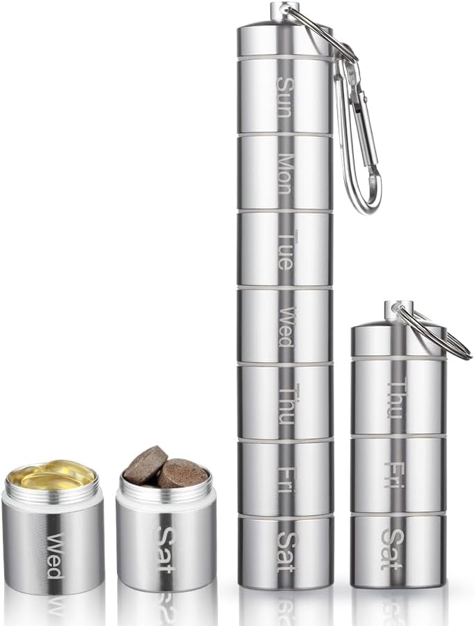 Metal Moisture Proof Weekly Pill Organizer 7 Day 3 Times a Day, Stackable Aluminum Alloy Free Travel Hiking Pill Box Case Waterproof and Large Compartment to Hold Pills, Vitaminas, Fish Oil, Supplem