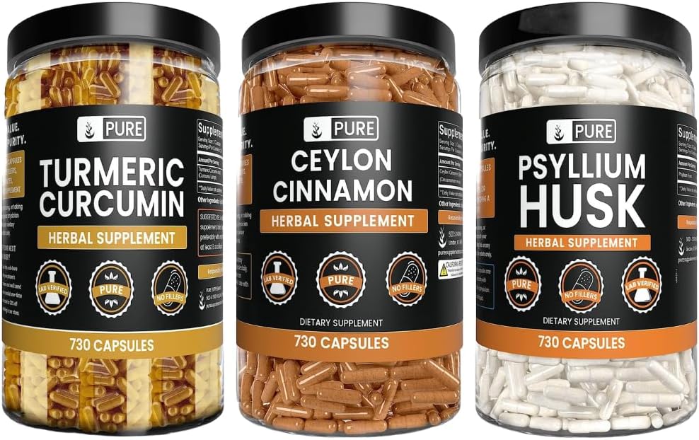 PURE ORIGINAL INGREDIENTES Ceylon Cinnamon, Psyllium Husk y Turmeric Capsule Bundle (730 capsules cada uno), No Magnesium o Rice Fillers