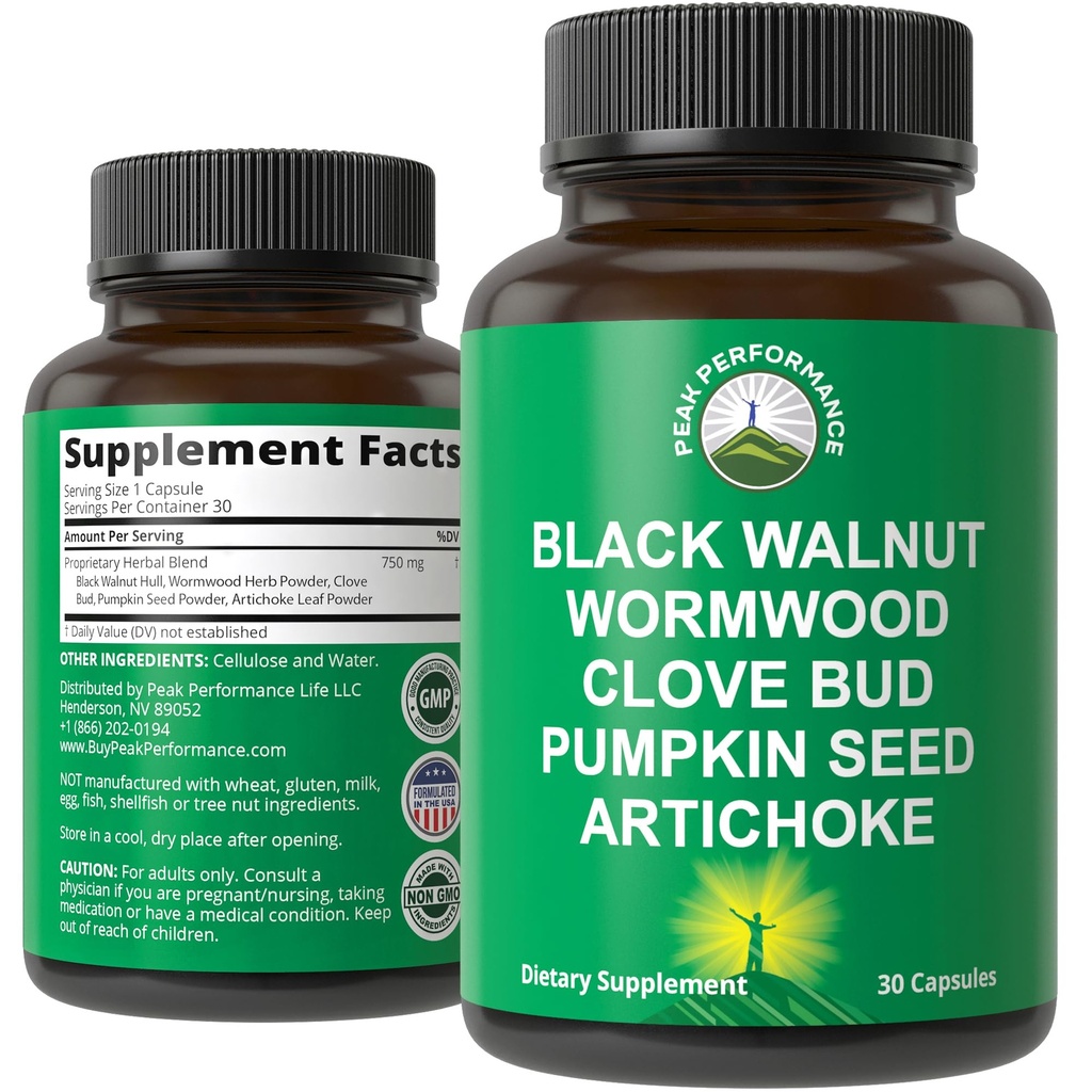 Wormwood Black Walnut Clove Cleanse for Humans. Eliminación Detox + Apoyo intestinal Capsules Suplemento para adultos y niños. Pills with Artichoke and Pumpkin Seed for Additional benefits