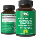 Wormwood Black Walnut Clove Cleanse for Humans. Eliminación Detox + Apoyo intestinal Capsules Suplemento para adultos y niños. Pills with Artichoke and Pumpkin Seed for Additional benefits
